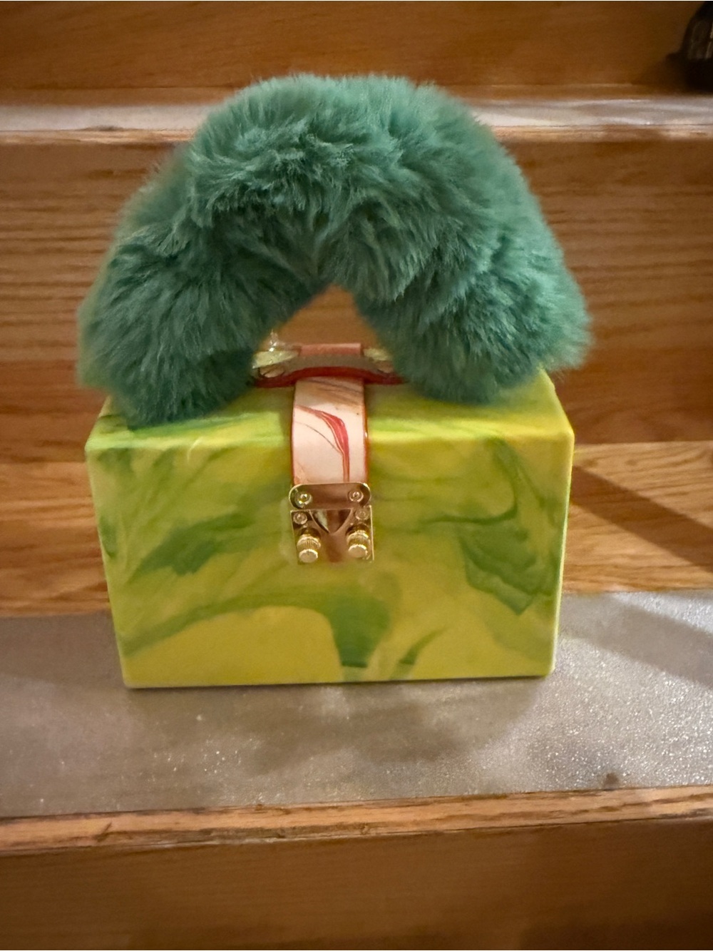 Green Faux Fur-Handled Mini Box Bag with Marbleized Exterior